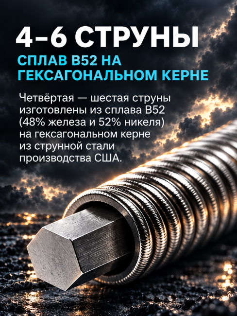 Струны для электрогитар HyperDrive BH M (основа на гексагональном керне со сплавом Б-52) Струны для электрогитар HyperDrive BH M (основа на гексагональном керне со сплавом Б-52)